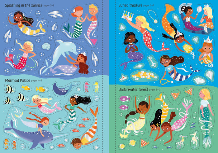Sparkly sticker book pages with diverse mermaids, sea animals, and treasure across four colorful underwater themes.