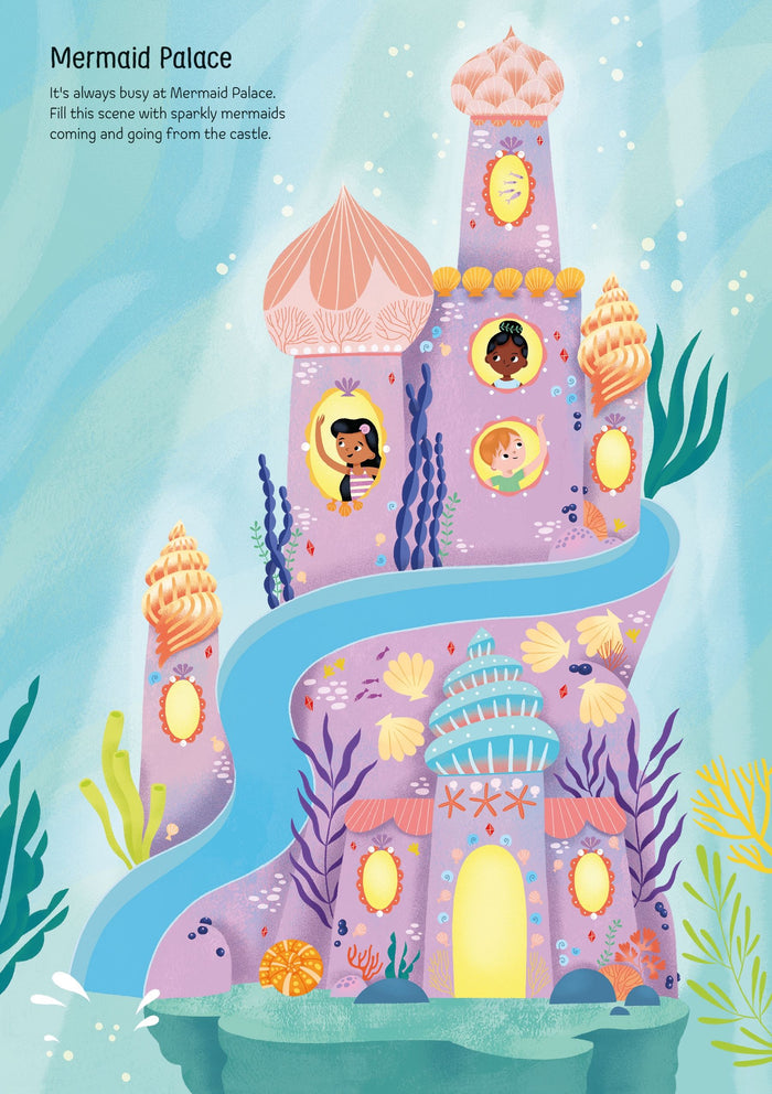 Colorful purple underwater castle with seashell towers and three children waving from windows.