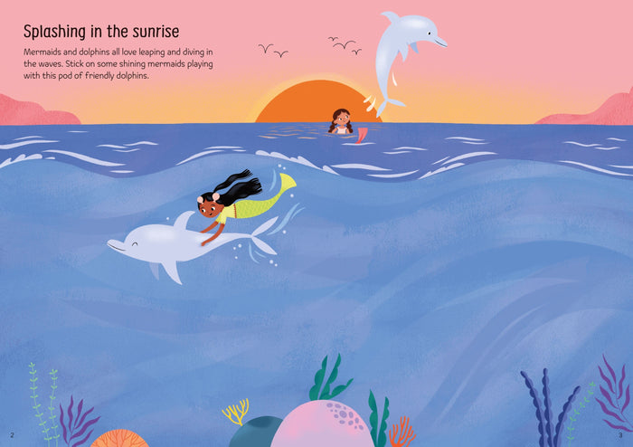 Illustration of a mermaid riding a dolphin in a blue ocean under a pink sunrise with colorful coral.