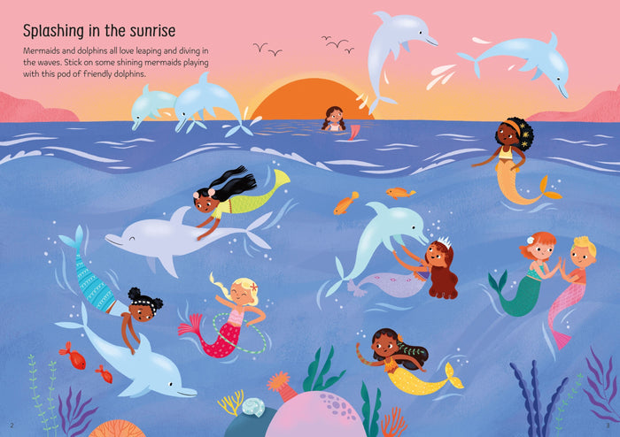 Colorful illustration of diverse mermaids and dolphins playing in a blue ocean under a pink sunrise.