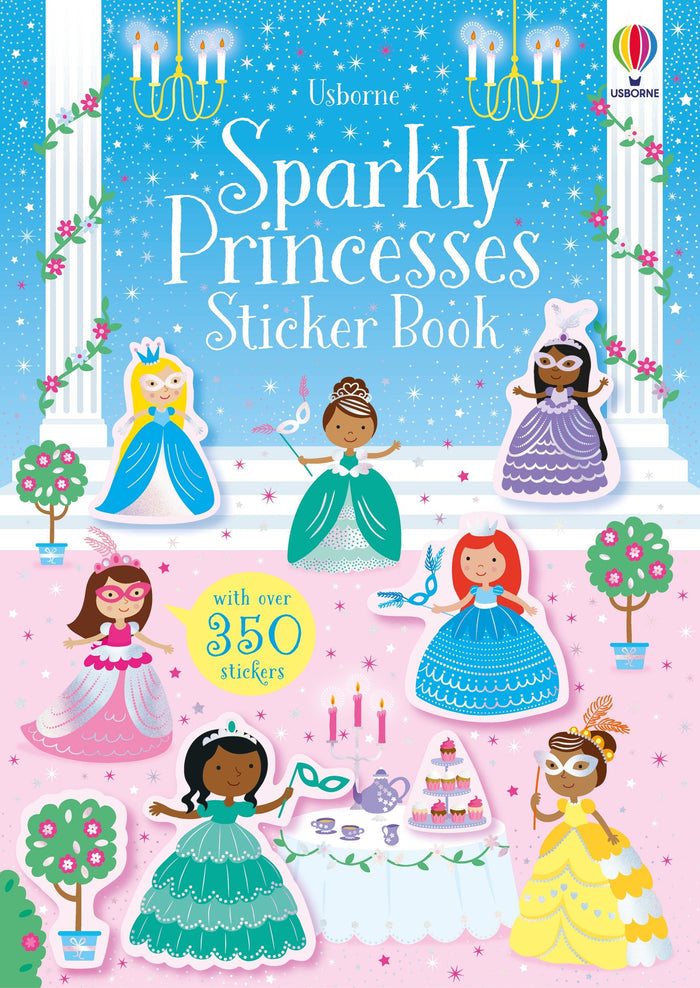 Colorful sticker book cover featuring diverse princesses in sparkly gowns and masks on a pink and blue background.