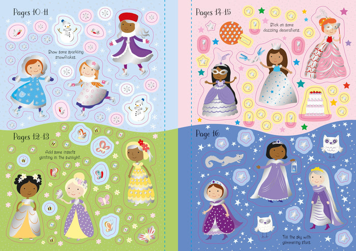 Four pages of a sticker book showing princesses in winter, garden, party, and night scenes with silver foil stickers.