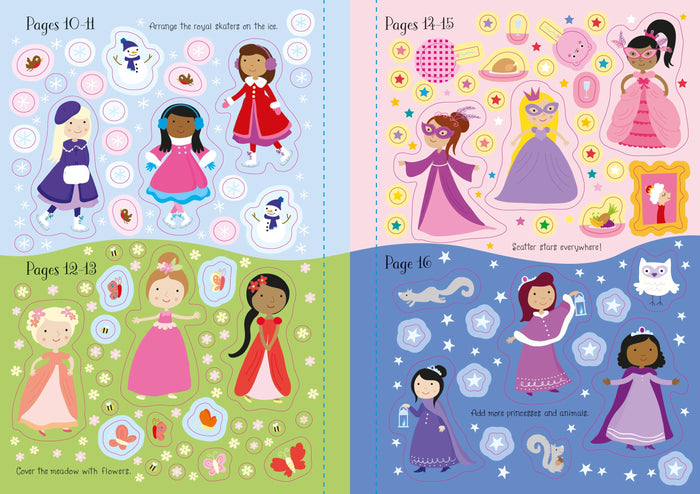 Sticker book pages featuring colorful princesses, winter skaters, stars, and flowers in four themed sections.