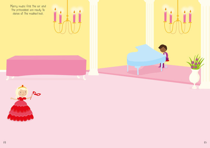 Illustrated ballroom scene with a blue grand piano, pink table, and a princess in a red gown.