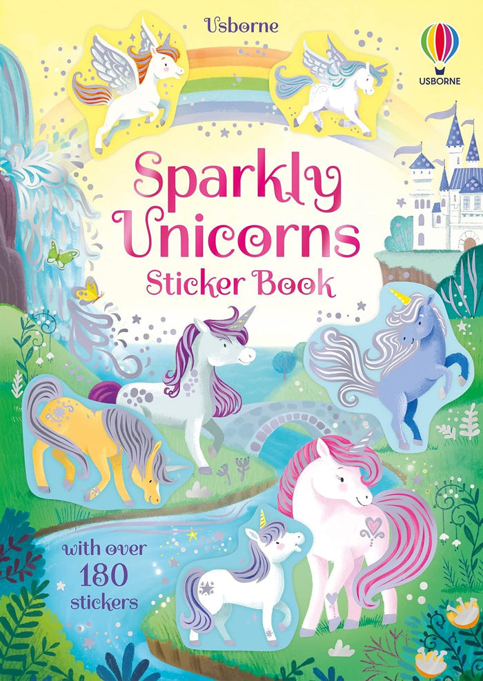 Colorful sticker book cover with various unicorns, a rainbow, and a castle. Text: with over 180 stickers.