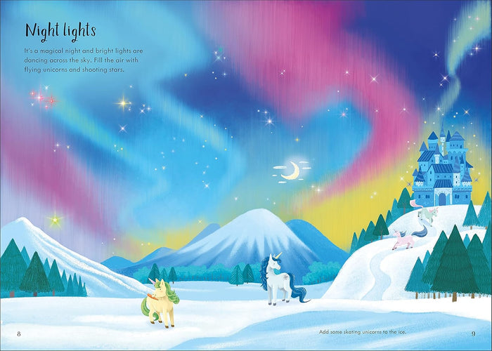 Whimsical book pages of unicorns in a snowy night scene with colorful northern lights and a blue castle.