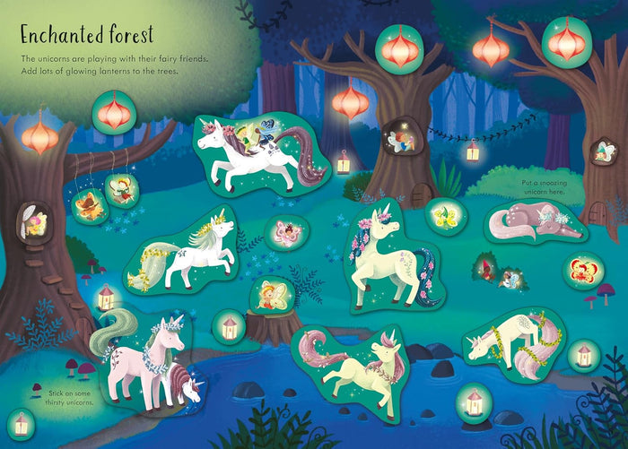 Magical forest sticker book page featuring white unicorns, small fairies, and glowing lanterns in a nighttime wood.