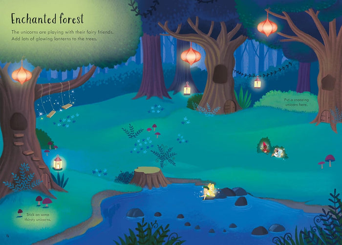 Enchanted forest page from a sticker book featuring a nighttime scene with glowing lanterns, trees, and a pond.