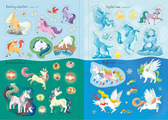 Sparkly sticker sheet with colorful unicorns, fairies, and magical creatures in four enchanted landscape panels.