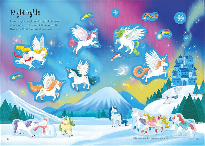 Sticker book spread of flying and skating unicorns in a snowy night landscape with a magical blue castle.