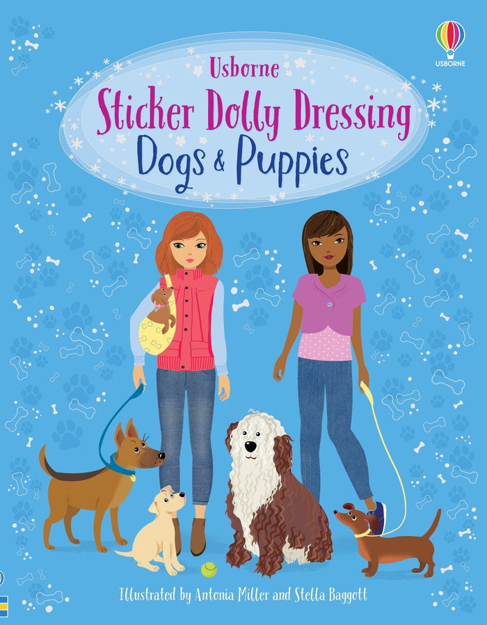 Illustrated book cover showing two girls and five dogs on a blue background with white bone and paw patterns.