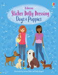 Illustrated book cover showing two girls and five dogs on a blue background with white bone and paw patterns.