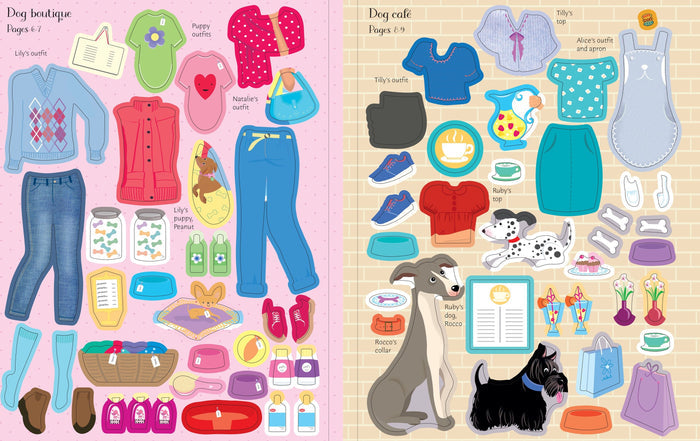 Two pages of colorful stickers for a dog boutique and cafe, featuring clothes, accessories, and illustrated dogs.