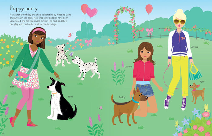 Illustrated sticker book page featuring three dolls and five dogs in a bright park with pink balloons and flowers.