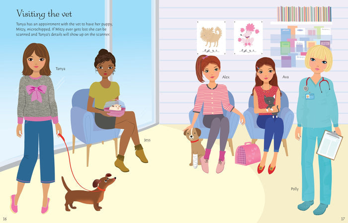 Sticker book illustration of girls with pets like dogs and a kitten in a vet clinic with a female veterinarian.