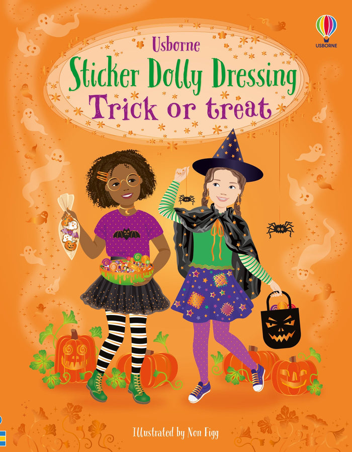 Two girls in Halloween costumes holding candy bags, surrounded by pumpkins and ghosts on an orange book cover.