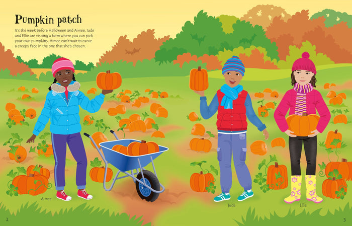 Vibrant children's book illustration of three kids in a pumpkin patch with a blue wheelbarrow and fall foliage.