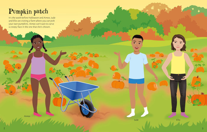Three children in basic clothes stand in an orange pumpkin patch with a blue wheelbarrow, ready for stickers.
