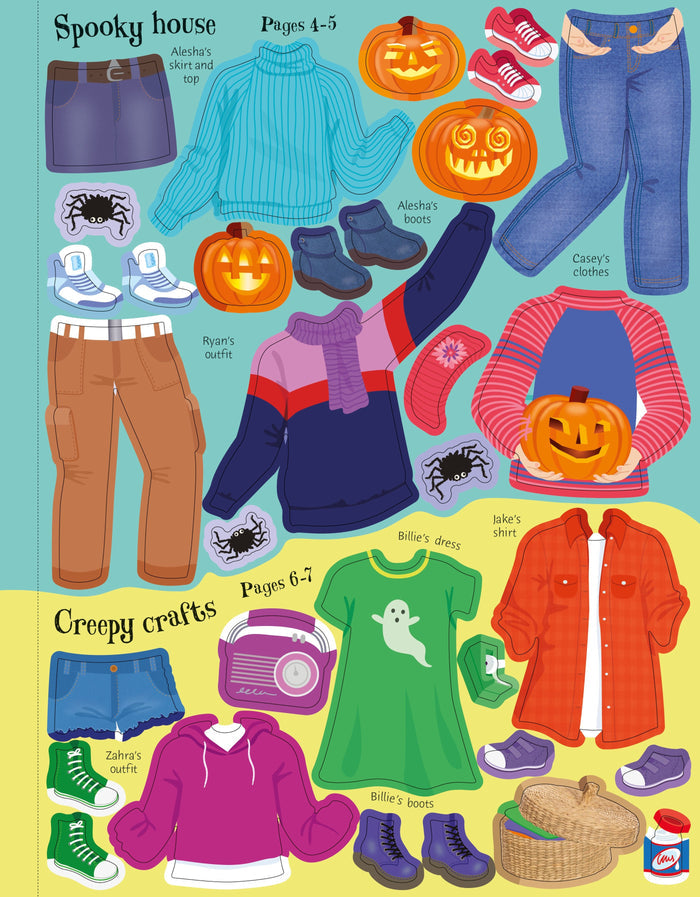Sticker sheet with colorful doll clothes, pumpkins, and spiders on blue and yellow backgrounds for dress-up play.
