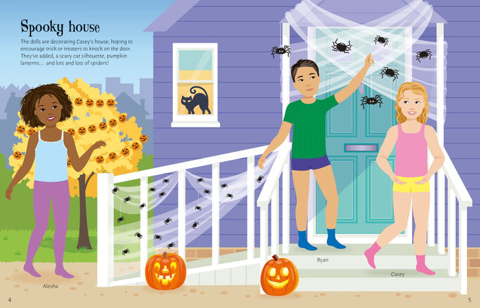 Illustration of three children decorating a purple house for Halloween with spider webs and jack-o'-lanterns.