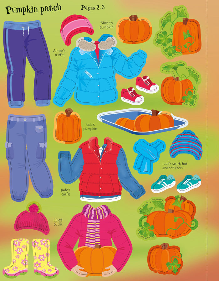 Sticker sheet featuring colorful winter clothing sets, boots, and several orange pumpkins for a pumpkin patch activity.