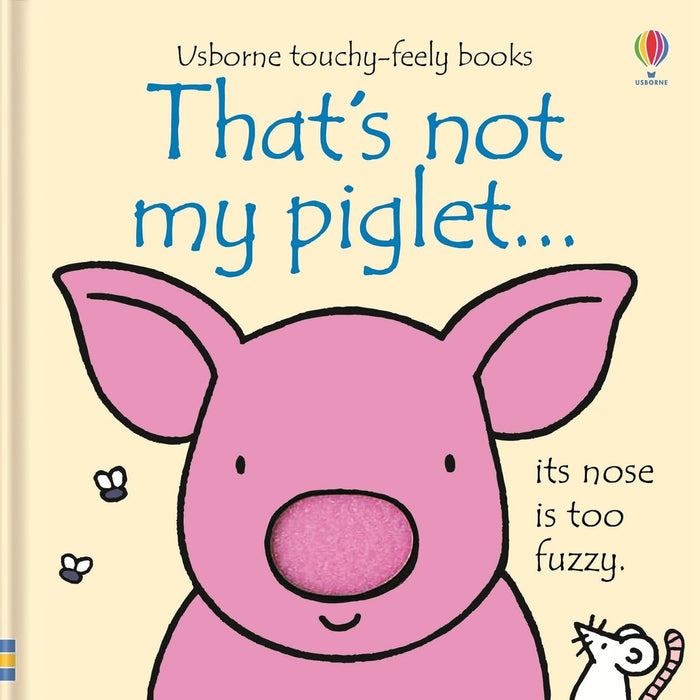 Children's book cover featuring a pink piglet with a fuzzy textured nose, blue title, and small white mouse.