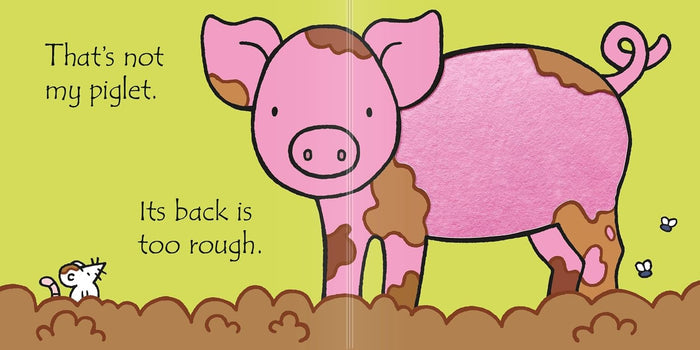 Illustration of a pink pig with mud spots and a textured back. Text: That's not my piglet. Its back is too rough.