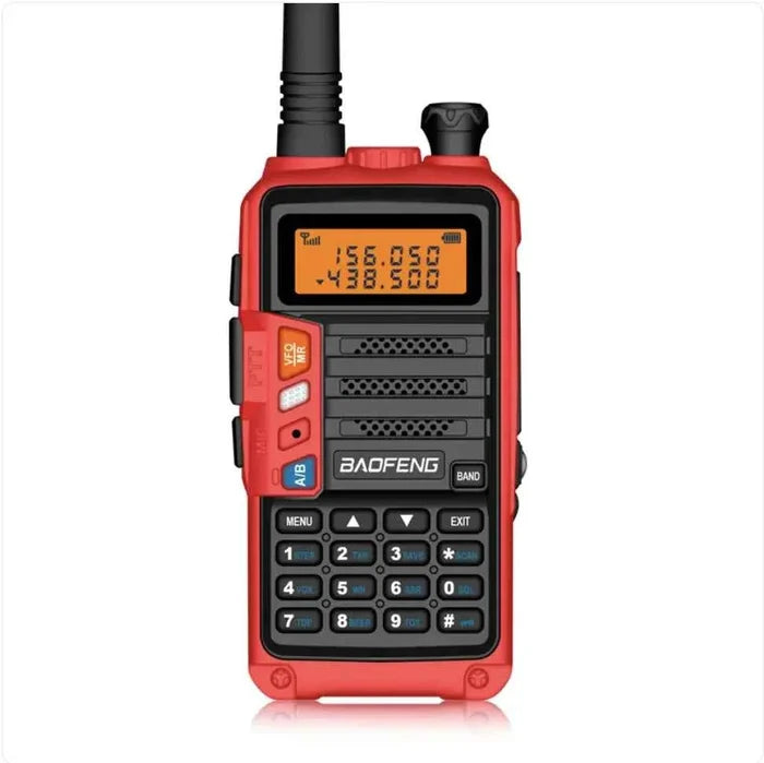Black UV10R FM walkie-talkie by Mead's Supply & Equipment Outfitters, handheld communication device with antenna and control buttons.
