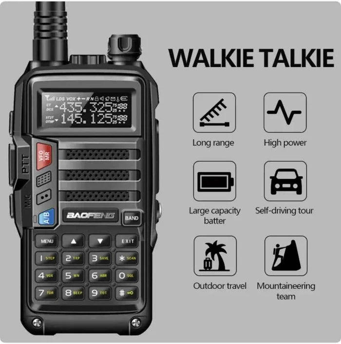 Black UV10R FM Walkie-Talkie from Mead's Supply & Equipment Outfitters, a compact communication device with antenna and control buttons.