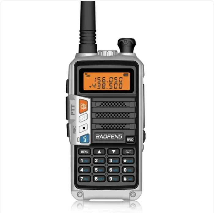 Black UV10R FM walkie-talkie from Mead's Supply & Equipment Outfitters, compact handheld communication device with antenna.