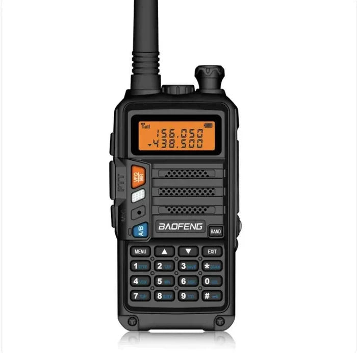 Black UV10R FM Walkie-Talkie by Mead's Supply & Equipment Outfitters, a compact communication device with antenna and control buttons