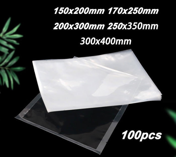 Set of 100 vacuum seal plastic bags in various sizes from XS to L, ideal for food storage and preservation.