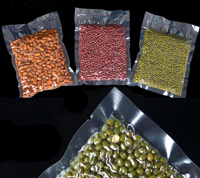 Set of 100 vacuum seal plastic bags in assorted sizes XS to L from dealonline.co.nz, ideal for food storage and organization.