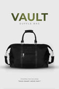 Black Vault Duffle Bag by Fuaark Nz with sturdy handles and spacious main compartment for travel and gym use.