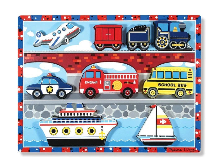 Colorful wooden 9-piece chunky puzzle featuring an airplane, train, police car, fire engine, school bus, and boats.