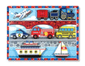 Colorful wooden 9-piece chunky puzzle featuring an airplane, train, police car, fire engine, school bus, and boats.