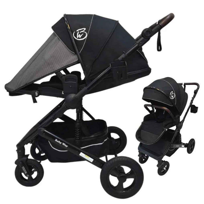 Baby Way NZ Versa 2in1 open bassinet stroller with sunshade and cup holder, showing the stroller with adjustable canopy and comfortable seat.