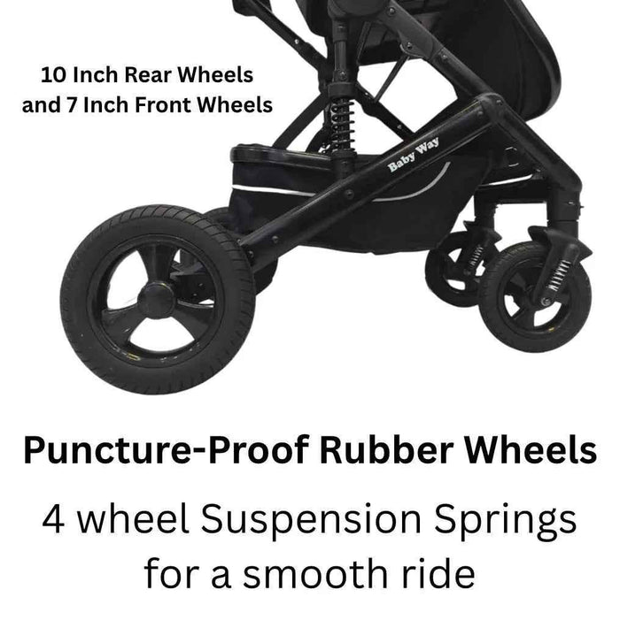 Baby Way NZ Versa 2in1 open bassinet stroller with sunshade and cup holder, showing the stroller with a baby in the bassinet.