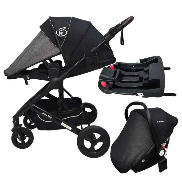 Baby Way NZ Versa 3-in-1 travel system with open bassinet stroller, capsule car seat, and sunshade set for versatile travel.