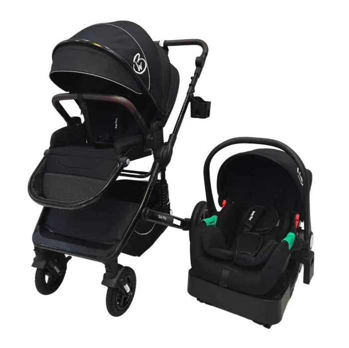 Baby Way NZ Versa 3-in-1 travel system with open bassinet stroller, capsule car seat, and sunshade set on a modern stroller frame.