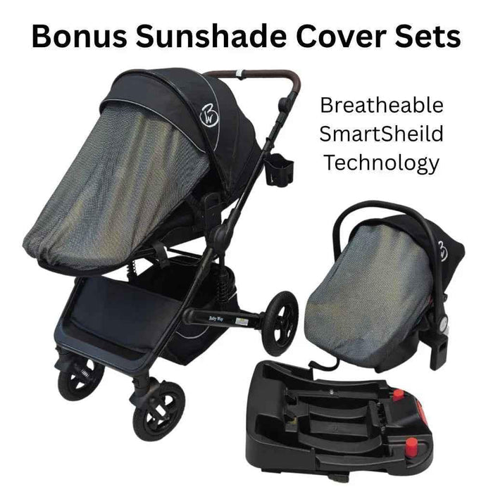 Baby Way NZ Versa 3-in-1 travel system with open bassinet stroller and capsule car seat with sunshade for convenient baby travel.