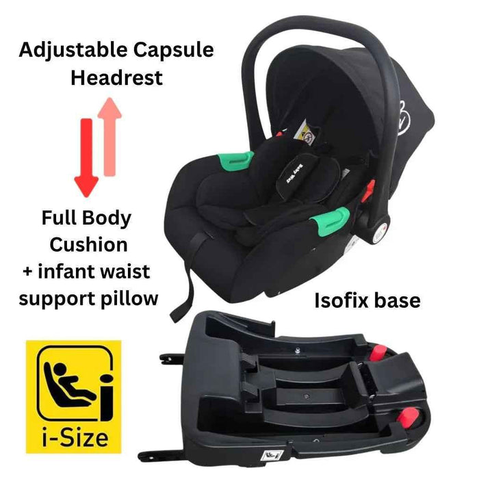 Baby Way NZ Versa 3-in-1 travel system with open bassinet stroller, capsule car seat, and sunshade set for convenient travel.