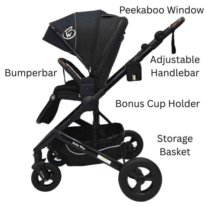 Baby Way NZ Versa 3-in-1 travel system with open bassinet stroller and capsule car seat with sunshade, ideal for infants.