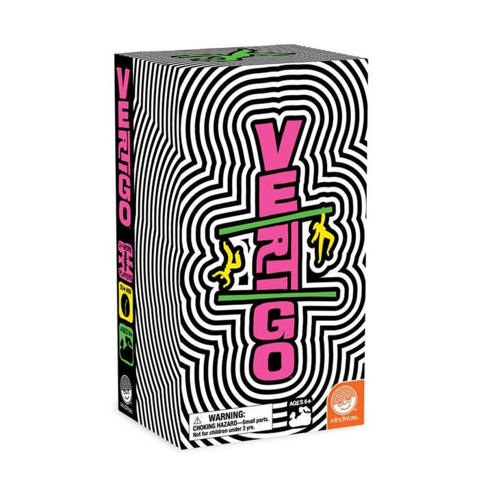 Wavy black and white patterned box with vertical pink text, green bars, and yellow acrobats.