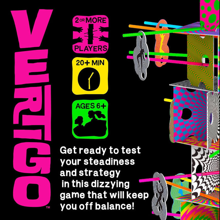 Vertigo game art with a pink logo, neon icons, and a colorful tower of patterned platforms and rods on black.