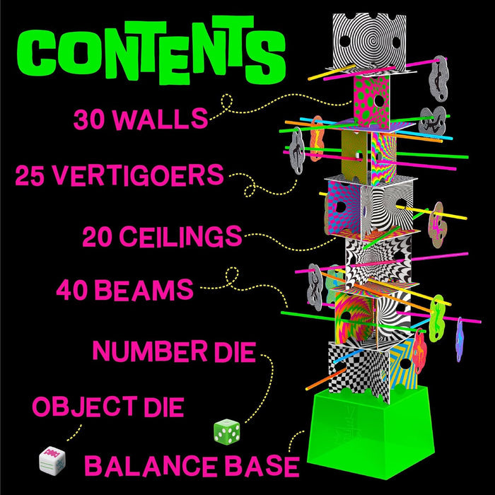 Graphic showing game contents and a tower of optical illusion walls and colorful beams on a bright green balance base.