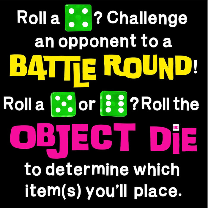 Rules graphic on black with green dice: roll a 4 for Battle Round, 5 or 6 for Object Die to determine item placement.