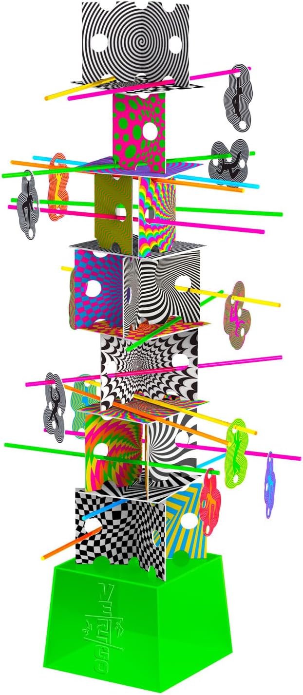 Colorful game tower with optical illusion cards, neon rods, and hanging figures on a bright green pedestal.