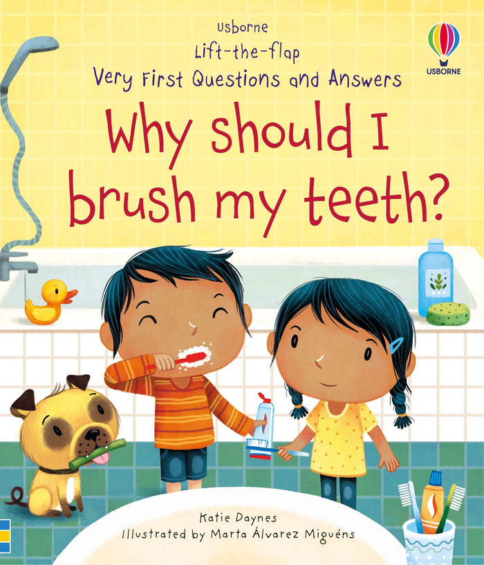 Illustrated book cover featuring two children brushing their teeth in a yellow bathroom with a small dog.
