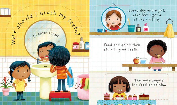 Colorful illustrated book spread showing diverse children brushing their teeth and eating snacks.